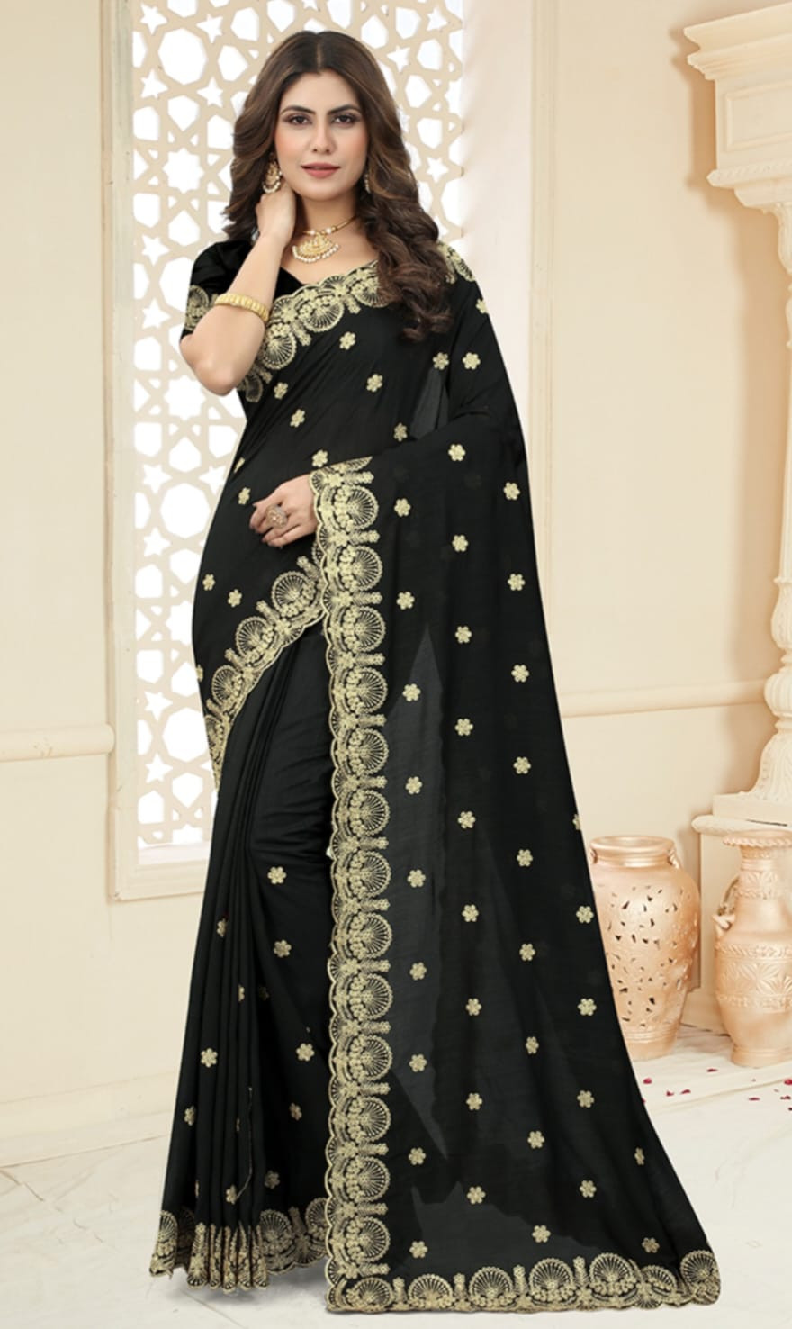 প্রিমিয়াম সফট ইন্ডিয়ান ওয়েটলেস জর্জেট শাড়ী ব্লাউস পিস্ সহ