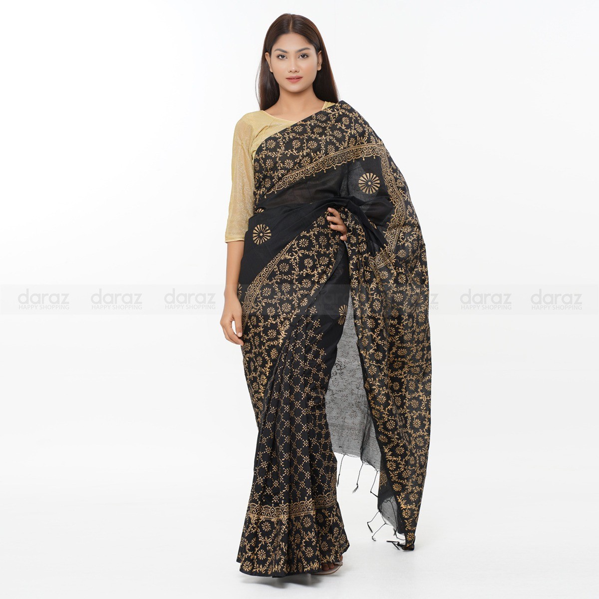 Half Silk Block Print Sari for Women