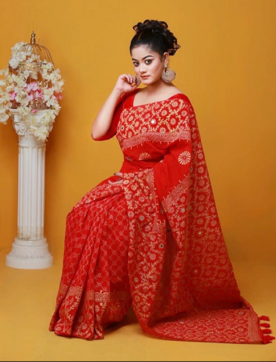 Half Silk Block Print Sari for Women