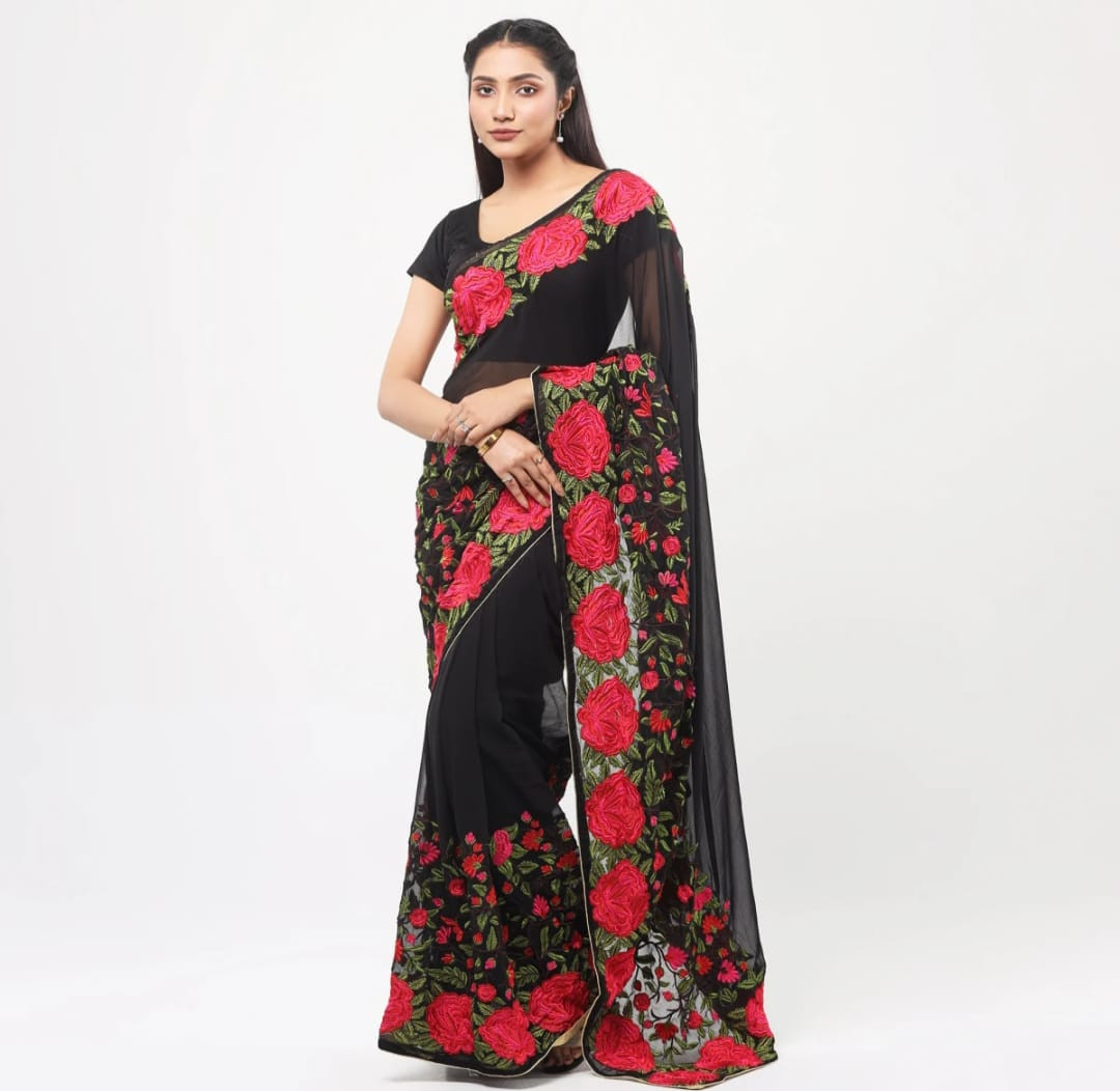 প্রিমিয়াম সফট ইন্ডিয়ান ওয়েটলেস জর্জেট শাড়ী ব্লাউস পিস্ সহ